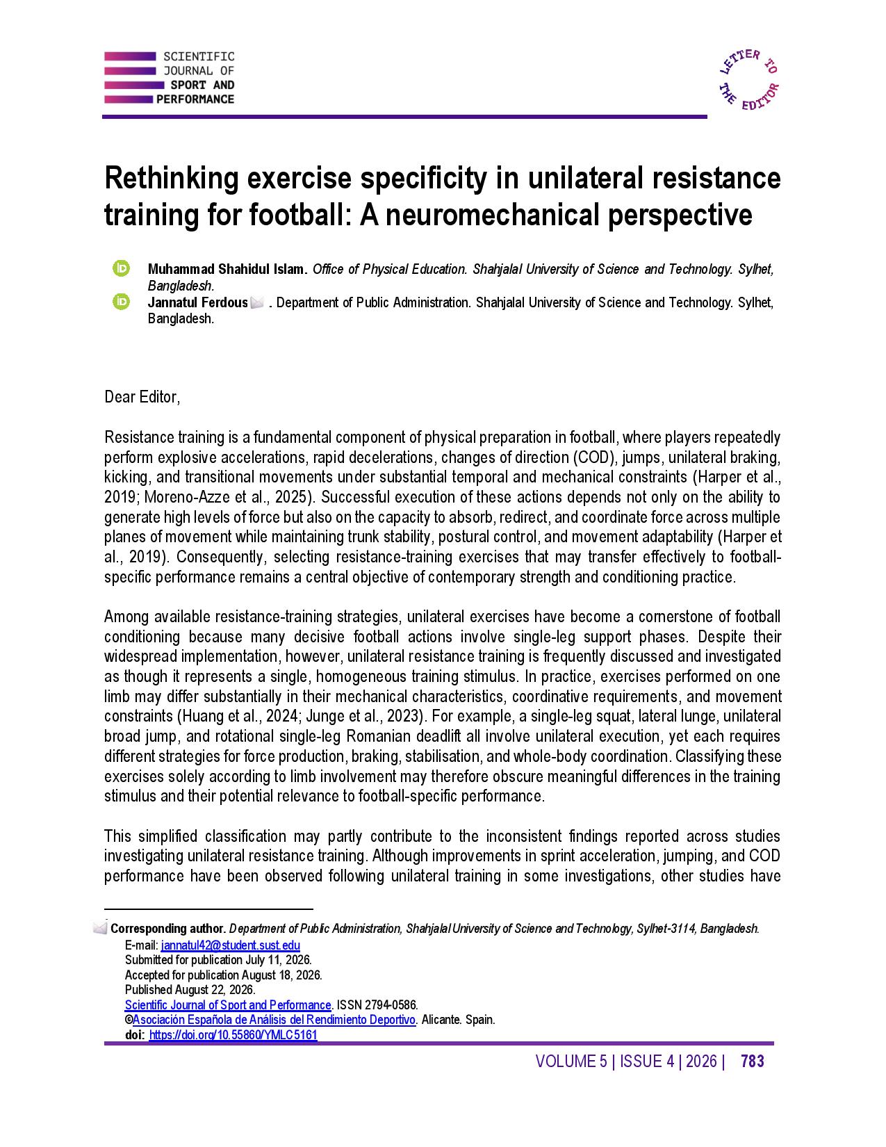 Rethinking exercise specificity in unilateral resistance training for football: A neuromechanical perspective