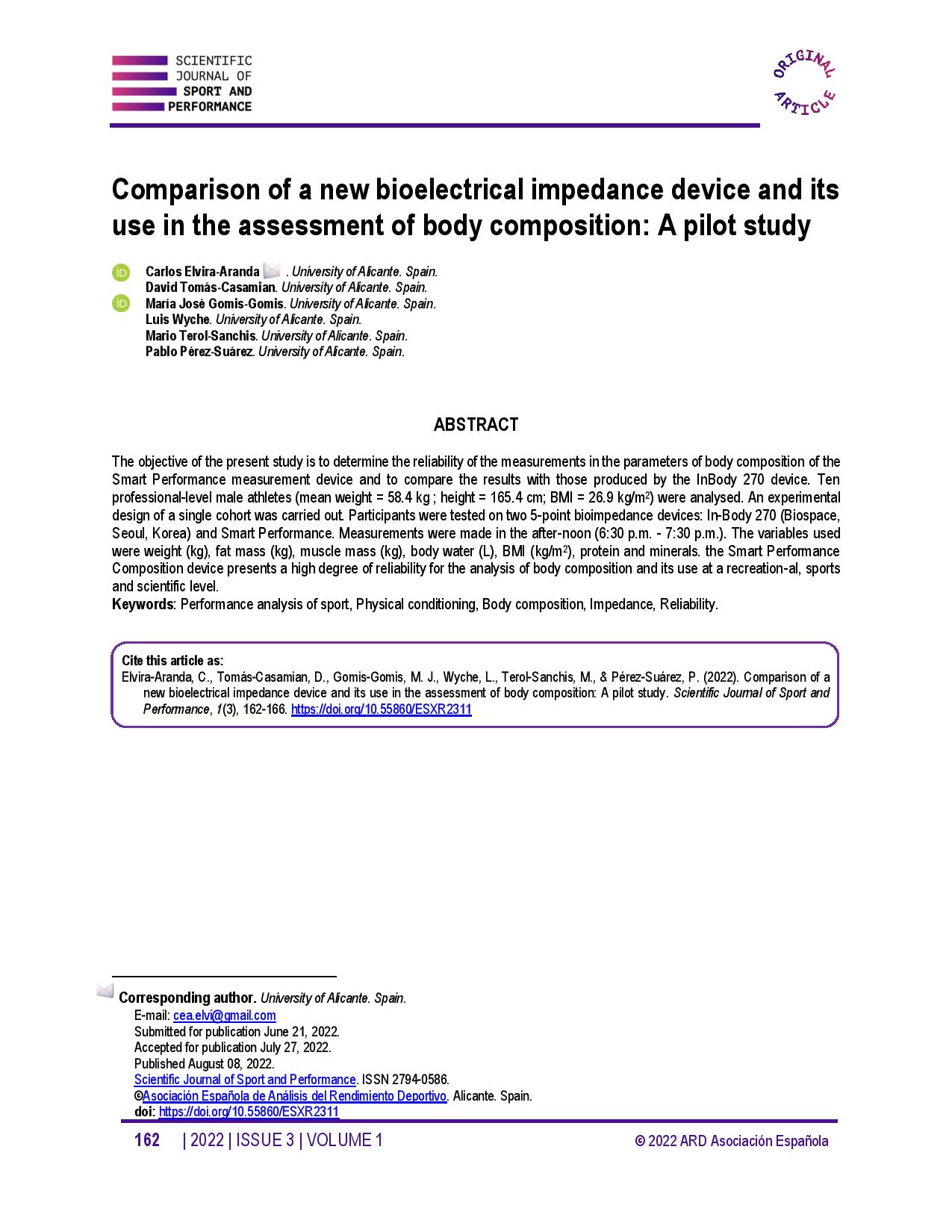 Comparison of a new bioelectrical impedance device and its use in the assessment of body composition: A pilot study