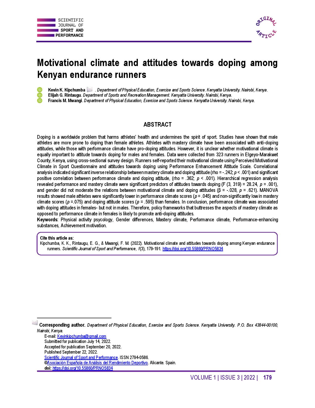 Motivational Climate And Attitudes Towards Doping Among Kenyan Endurance Runners Scientific Journal Of Sport And Performance