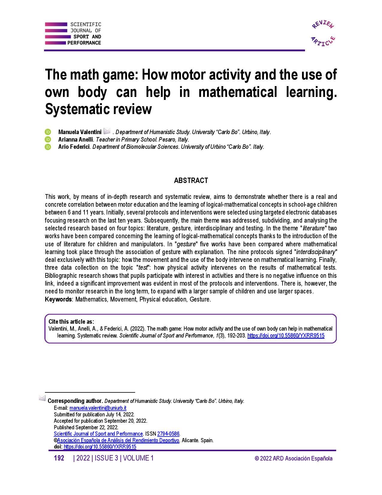 The math game: How motor activity and the use of own body can help in mathematical learning. Systematic review