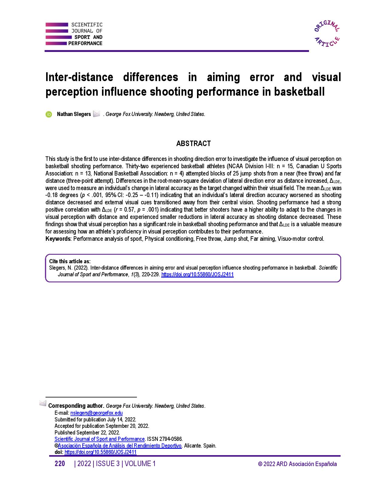 Inter-distance differences in aiming error and visual perception influence shooting performance in basketball