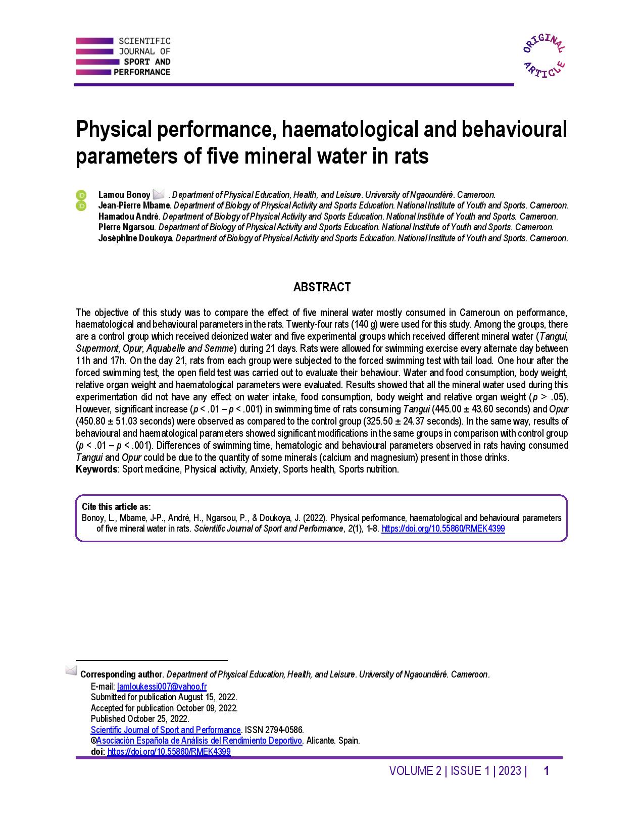 Physical performance, haematological and behavioural parameters of five mineral water in rats
