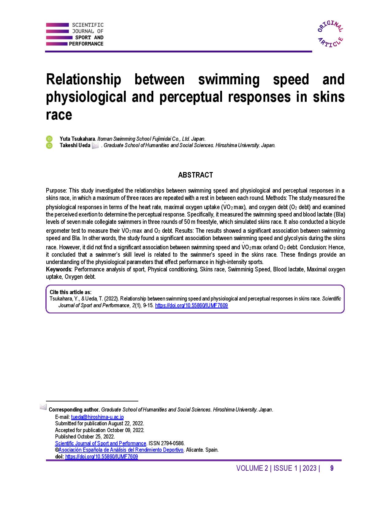 Relationship between swimming speed and physiological and perceptual responses in skins race