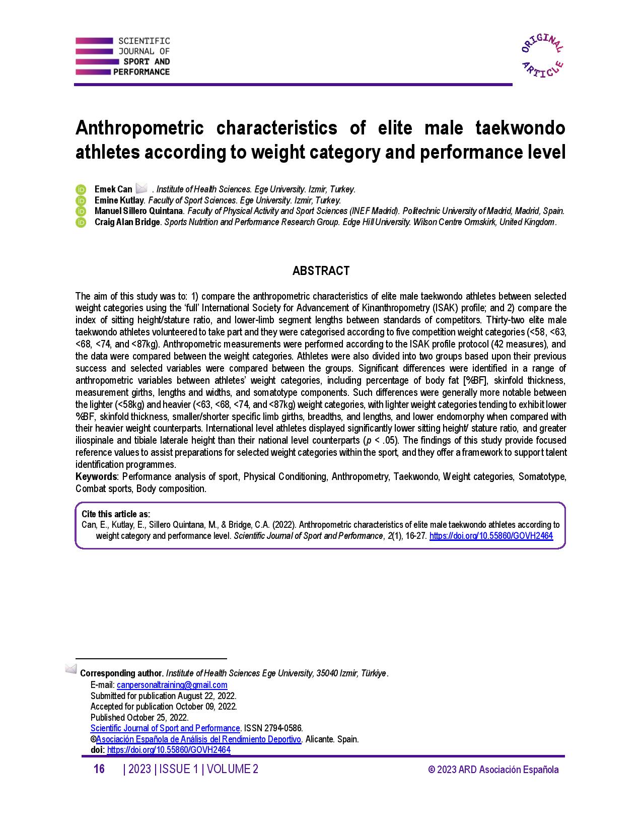 Anthropometric characteristics of elite male taekwondo athletes according to weight category and performance level
