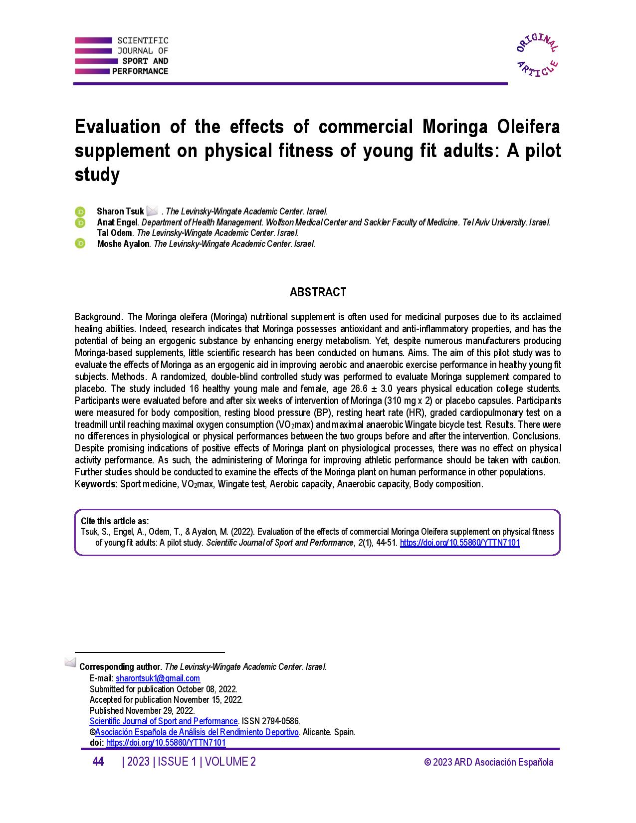 Evaluation of the effects of commercial Moringa Oleifera supplement on physical fitness of young fit adults: A pilot stud