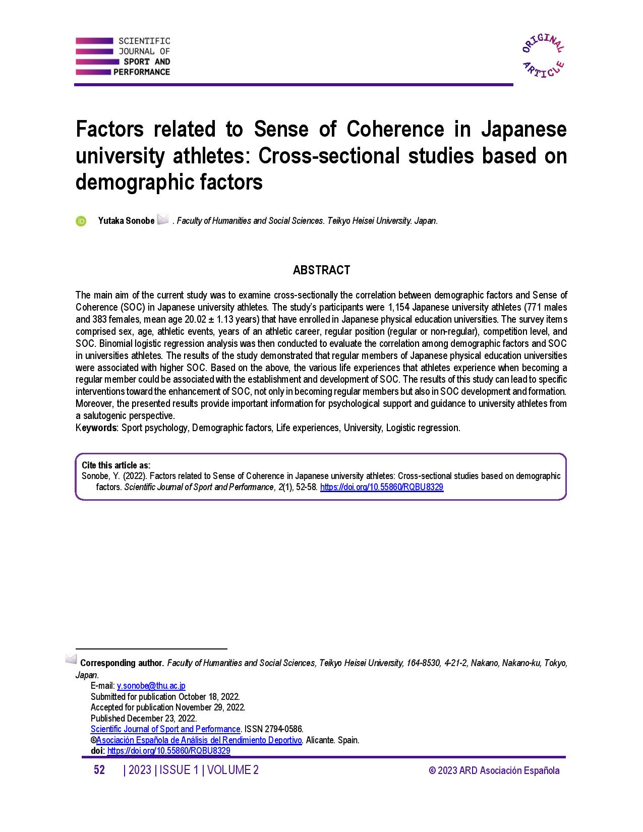 Factors related to Sense of Coherence in Japanese university athletes: Cross-sectional studies based on demographic factors