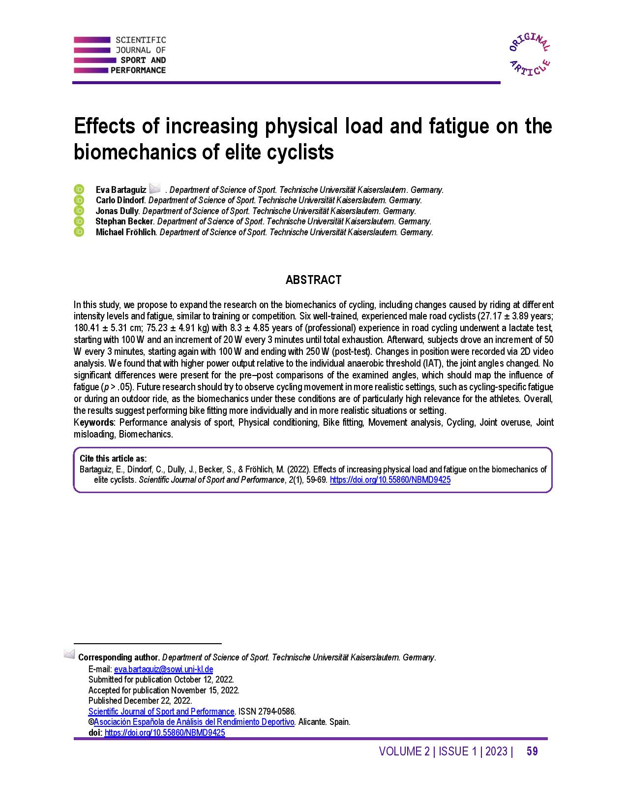 Effects of increasing physical load and fatigue on the biomechanics of elite cyclists