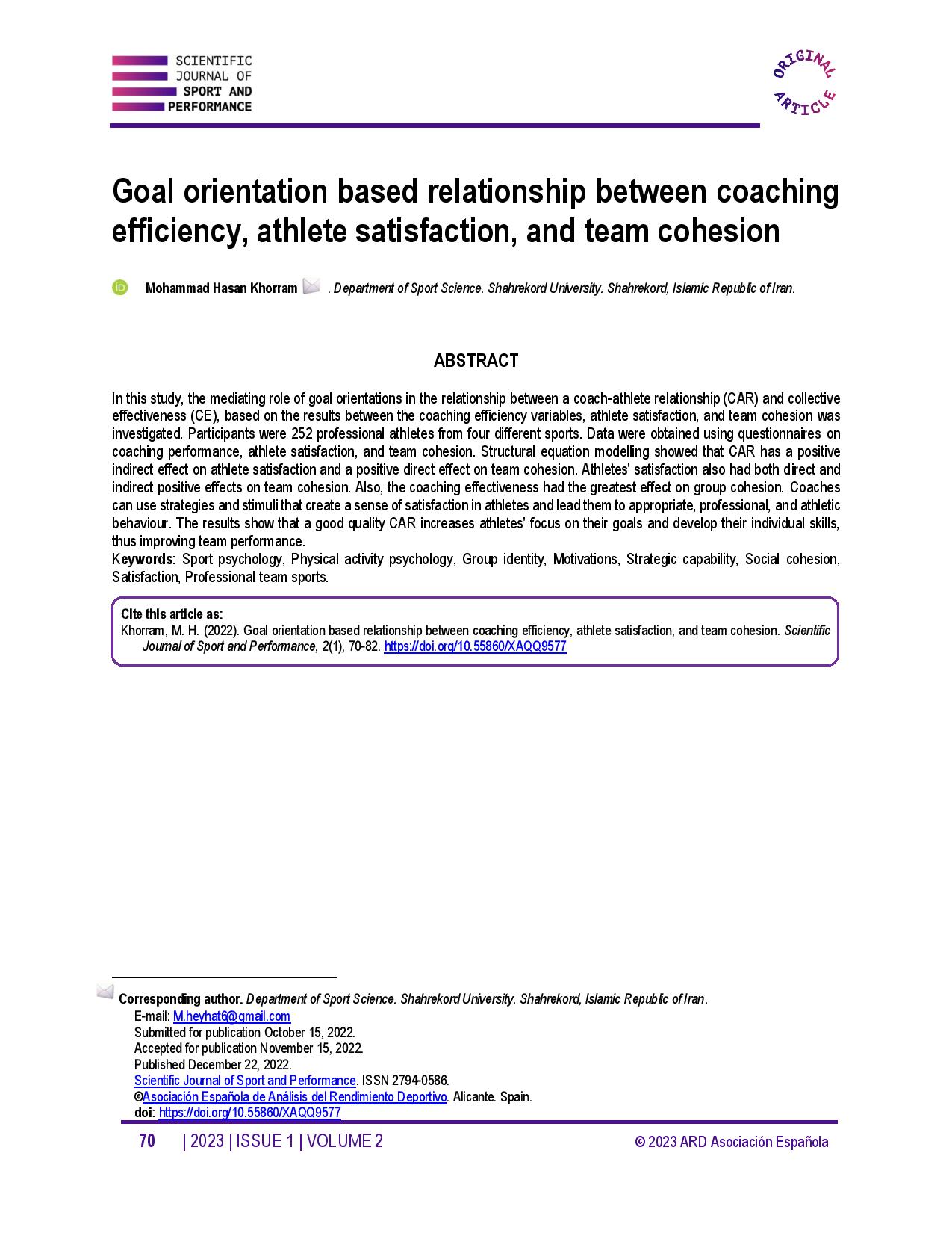 Goal orientation based relationship between coaching efficiency, athlete satisfaction, and team cohesion