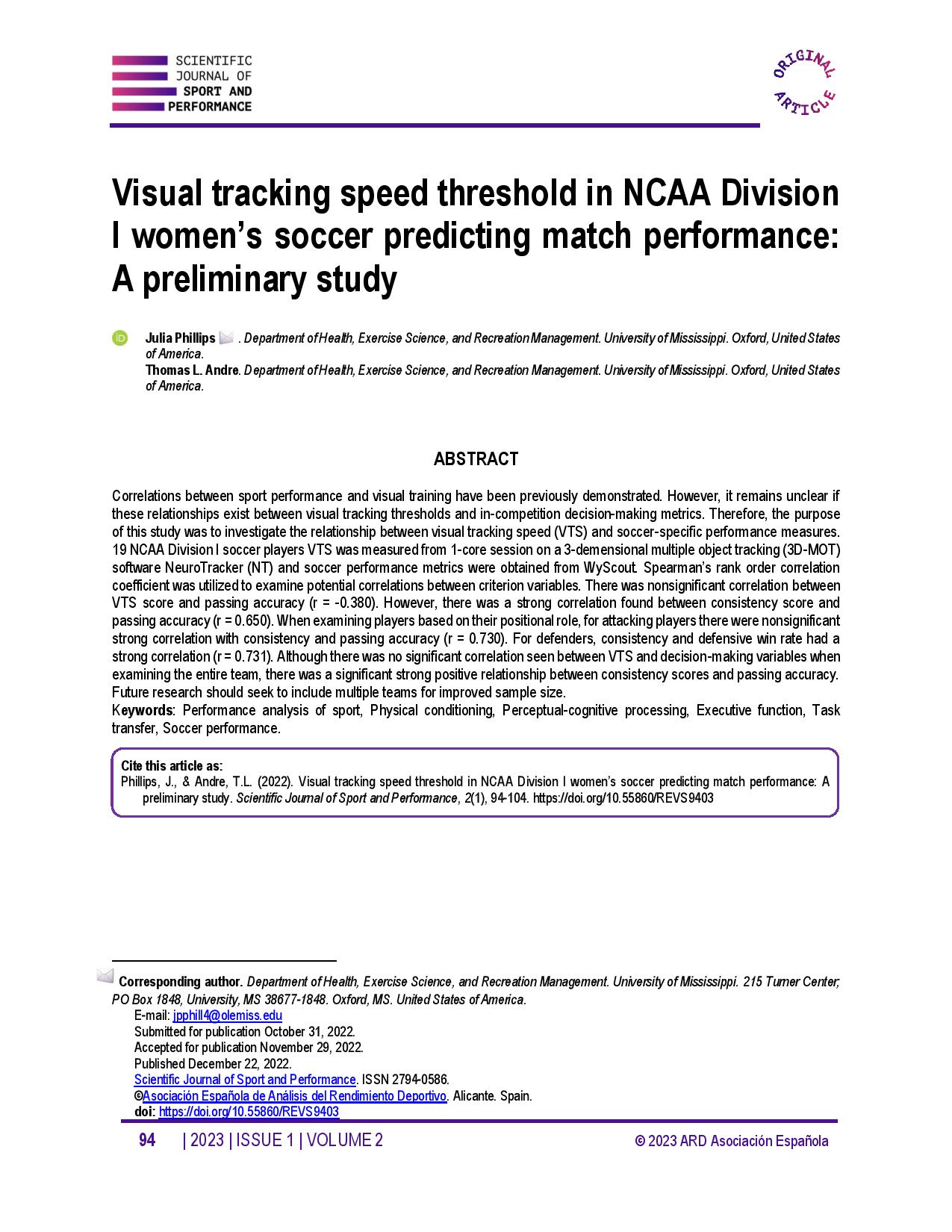 Visual tracking speed threshold in NCAA Division I women’s soccer predicting match performance: A preliminary study