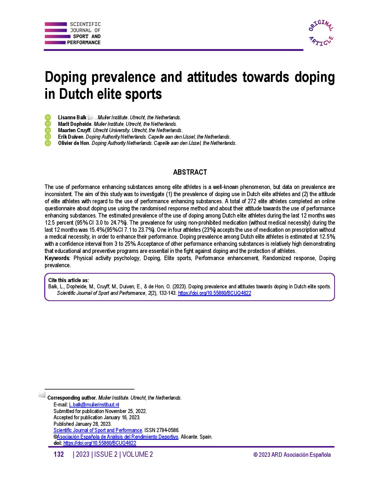 Doping prevalence and attitudes towards doping in Dutch elite sports