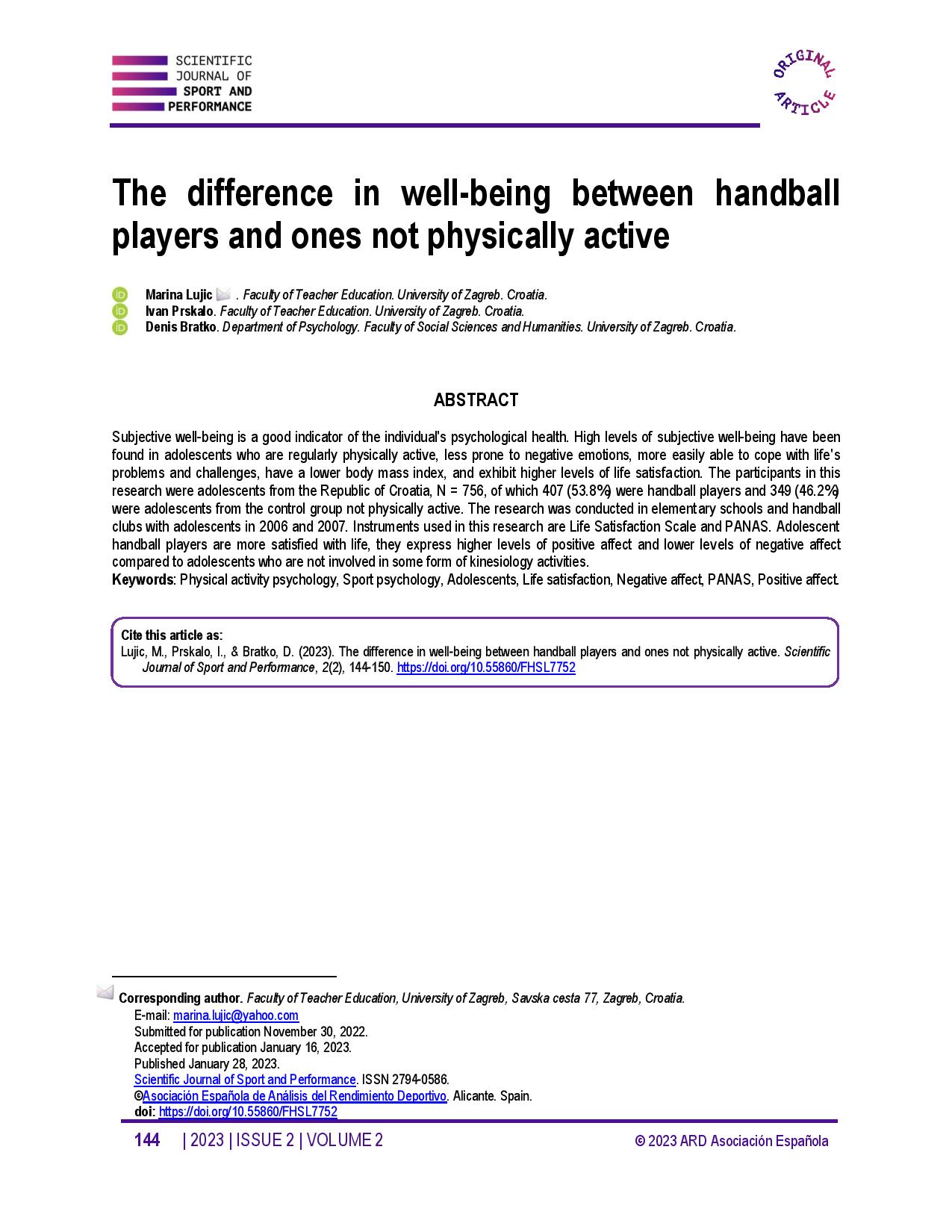The difference in well-being between handball players and ones not physically active