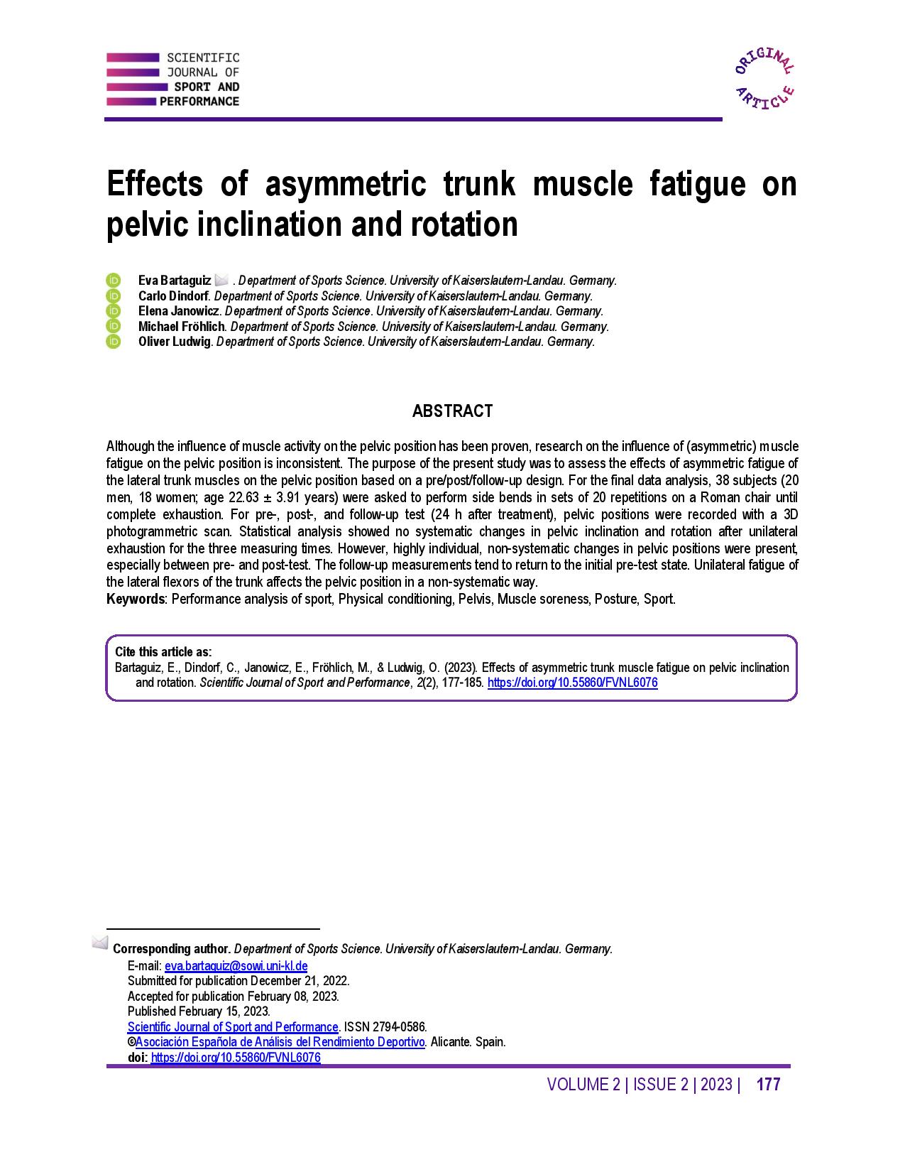 Effects of asymmetric trunk muscle fatigue on pelvic inclination and rotation