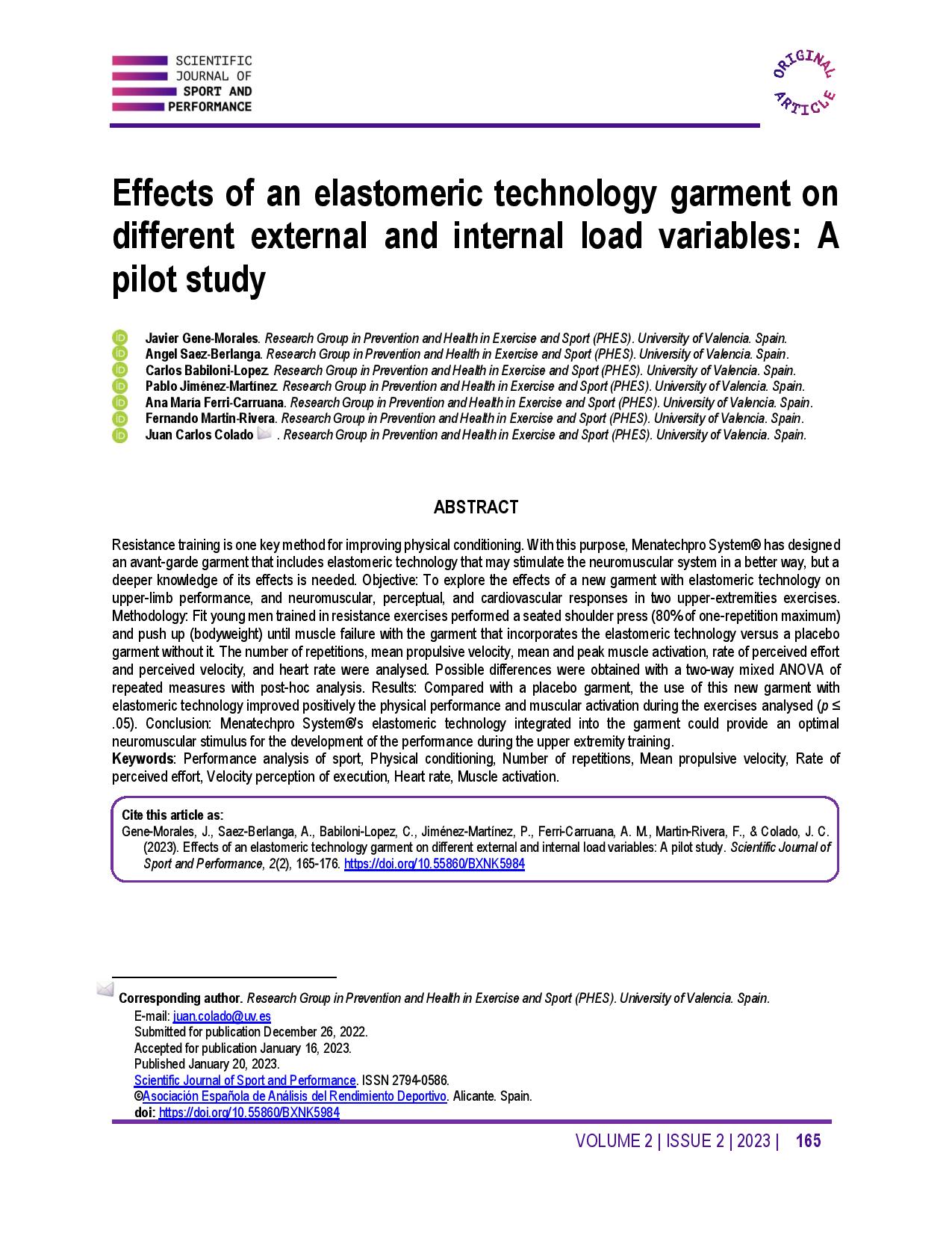 Effects of an elastomeric technology garment on different external and internal load variables: A pilot study