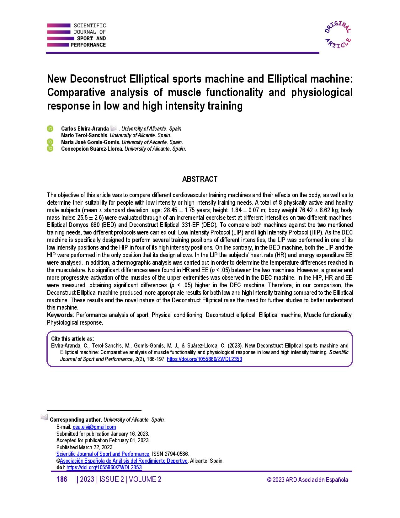 New Deconstruct Elliptical sports machine and Elliptical machine: Comparative analysis of muscle functionality and physiological response in low and high intensity training