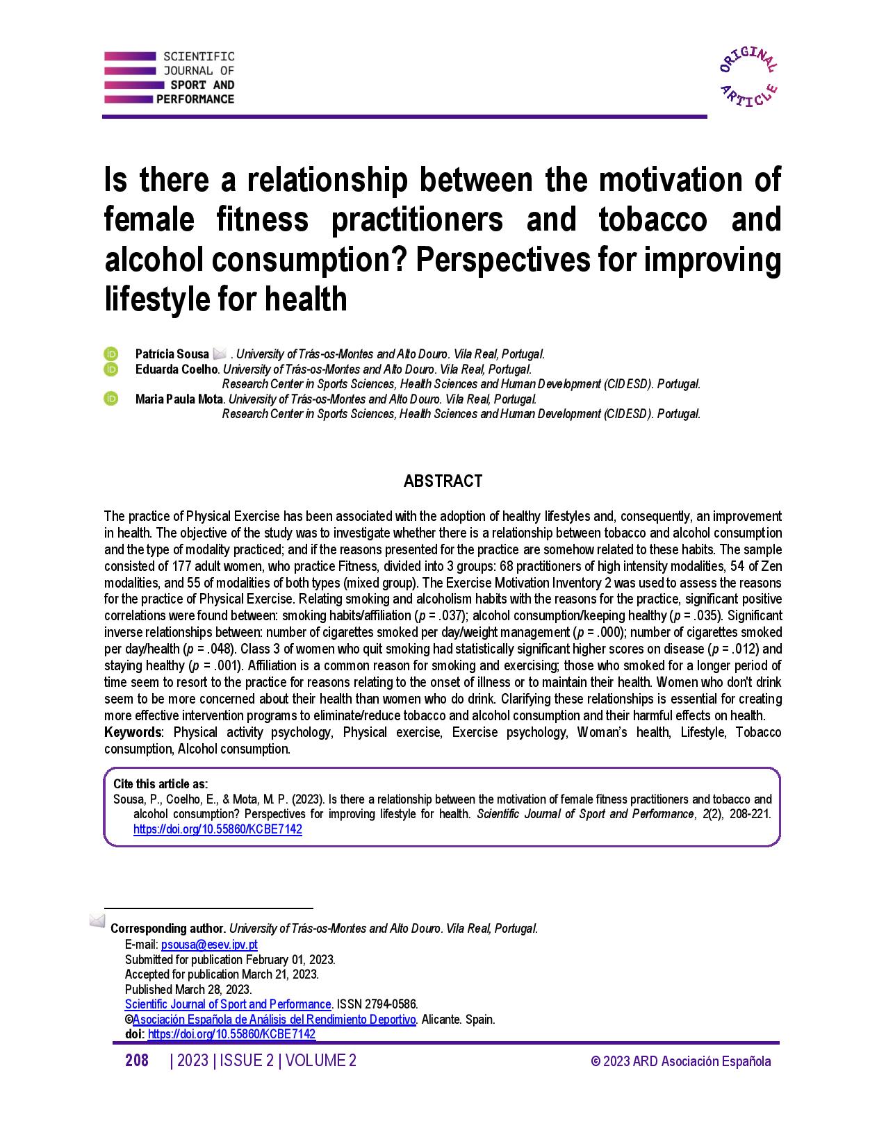 Is there a relationship between the motivation of female fitness practitioners and tobacco and alcohol consumption? Perspectives for improving lifestyle for health