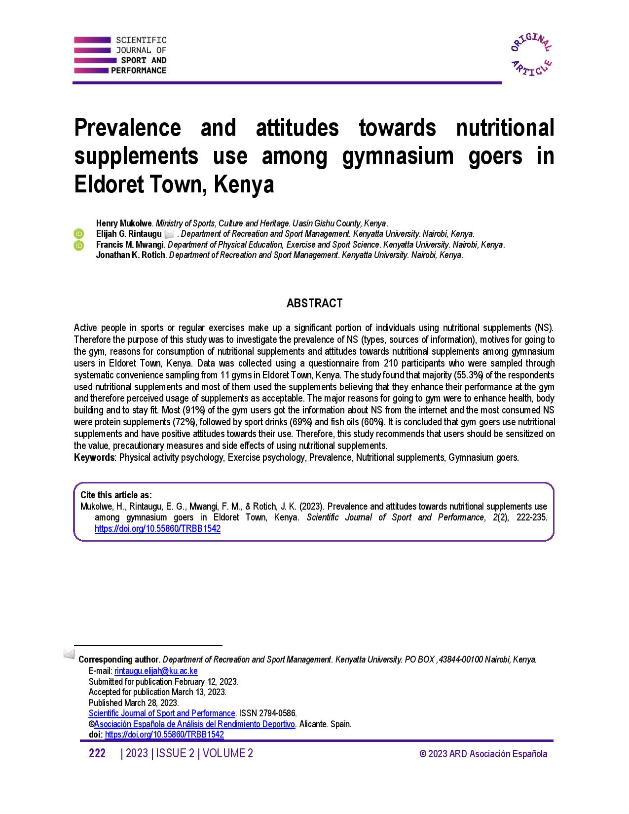 Prevalence and attitudes towards nutritional supplements use among gymnasium goers in Eldoret Town, Kenya