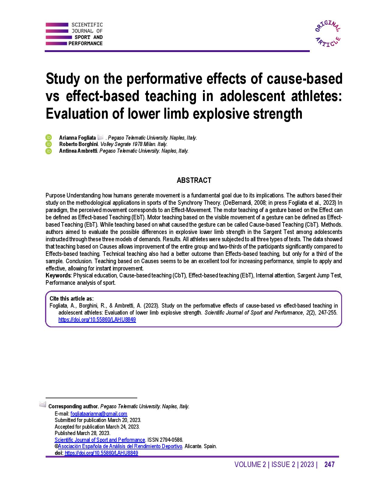 Study on the performative effects of cause-based vs effect-based teaching in adolescent athletes: Evaluation of lower limb explosive strength