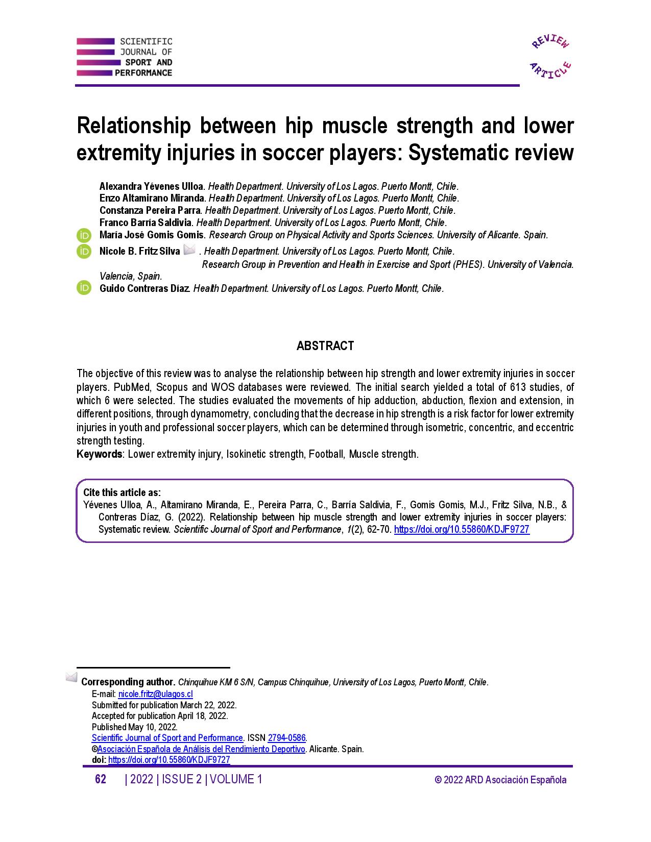 Relationship between hip muscle strength and lower extremity injuries in soccer players: Systematic review