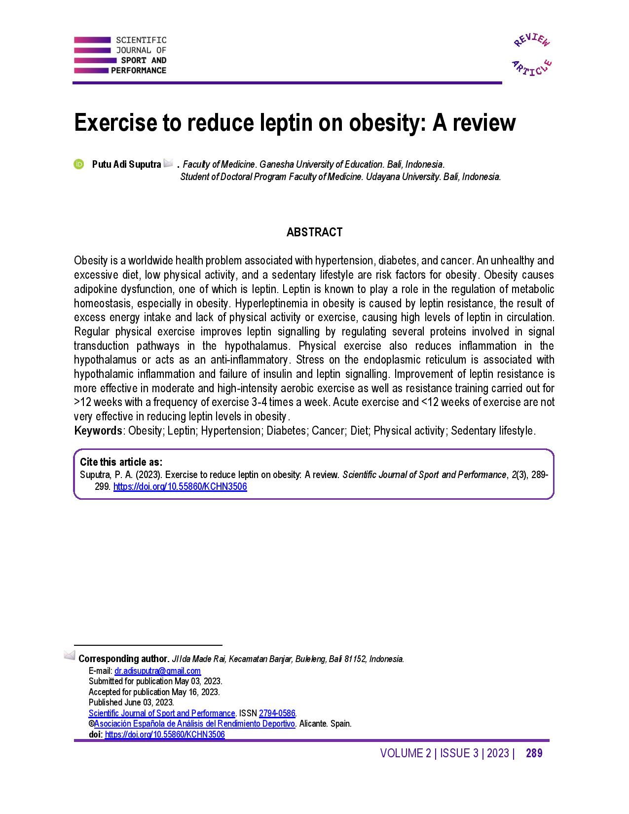 Exercise to reduce leptin on obesity: A review