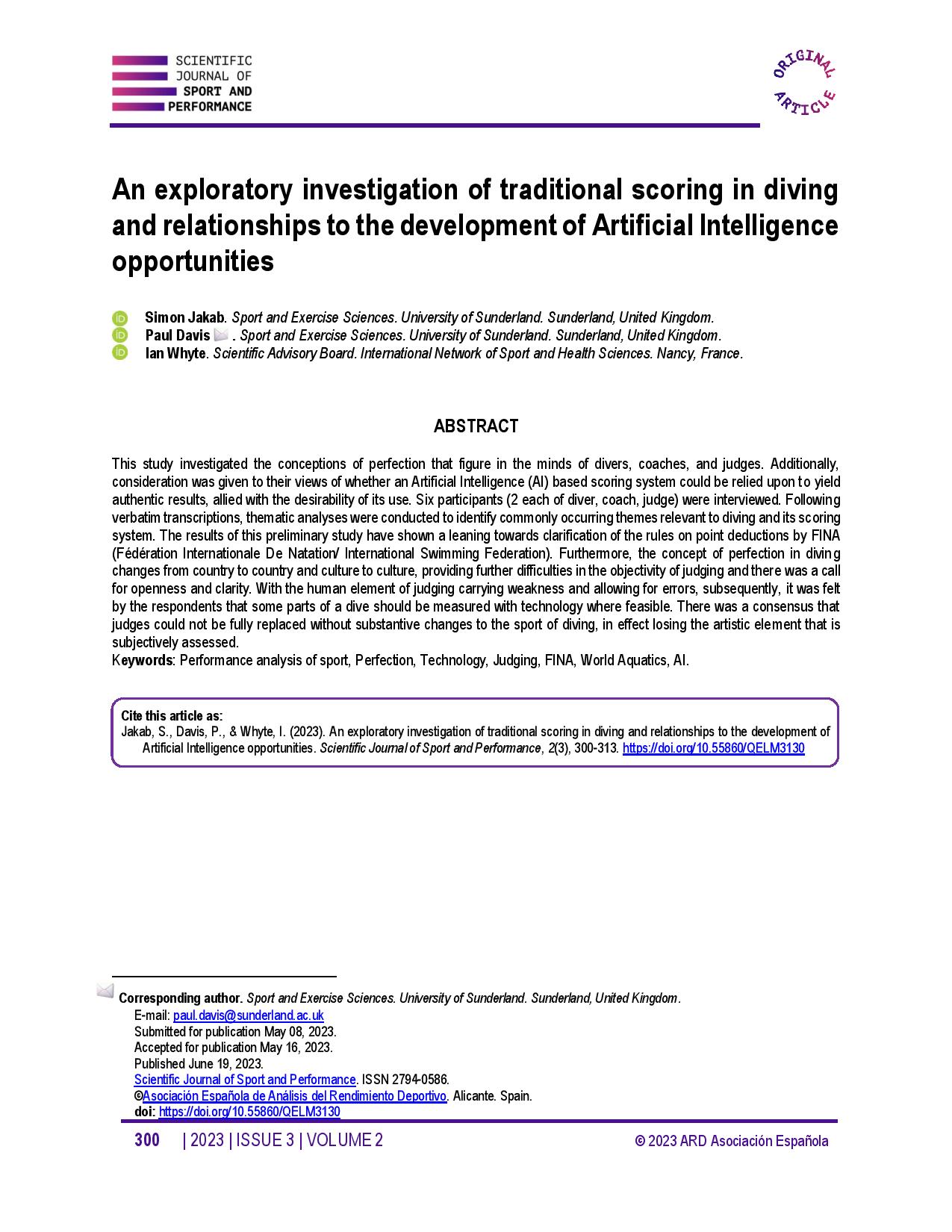 An exploratory investigation of traditional scoring in diving and relationships to the development of Artificial Intelligence opportunities