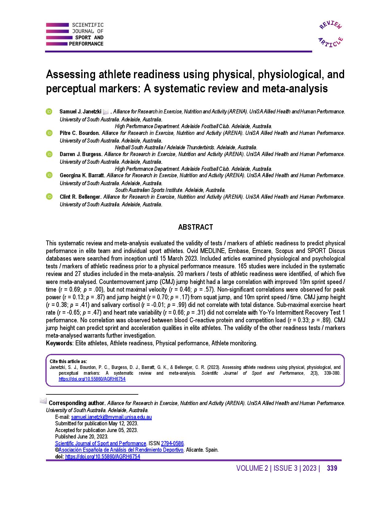 Assessing athlete readiness using physical, physiological, and perceptual markers: A systematic review and meta-analysis