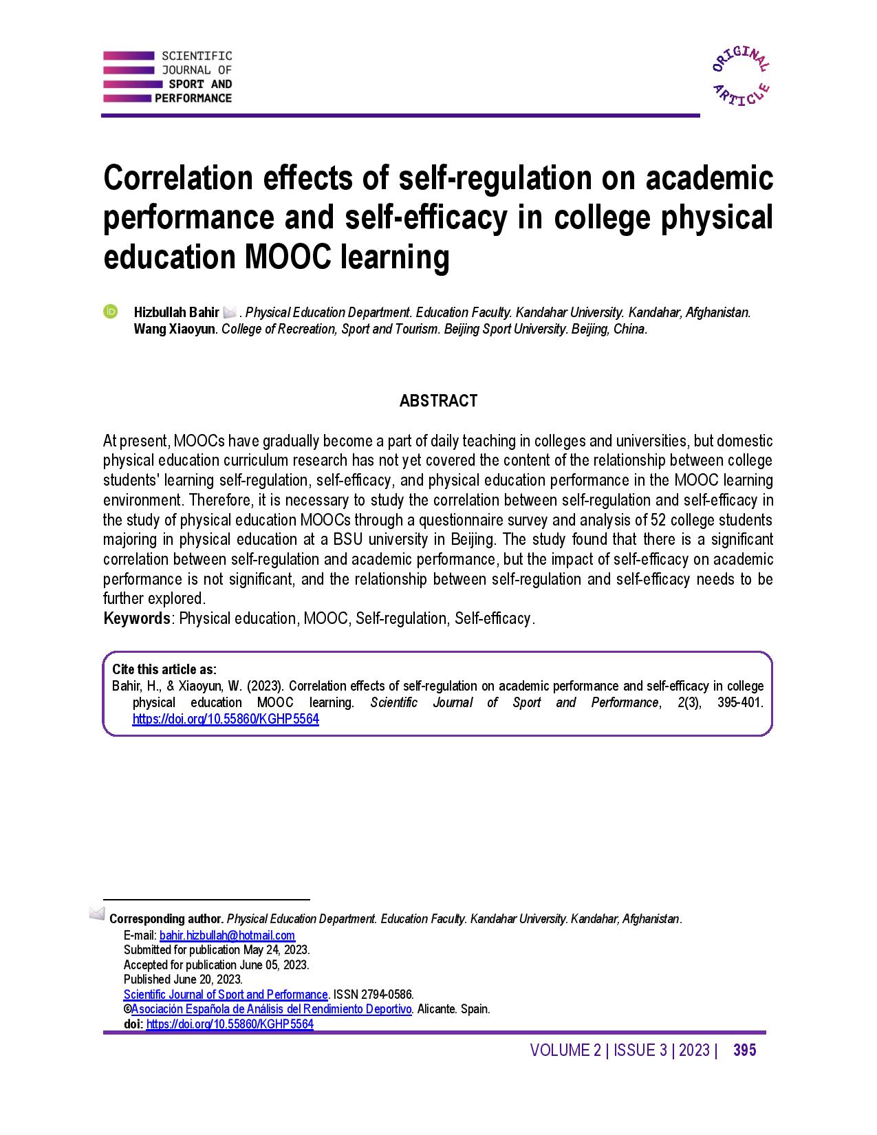 Correlation effects of self-regulation on academic performance and self-efficacy in college physical education MOOC learning