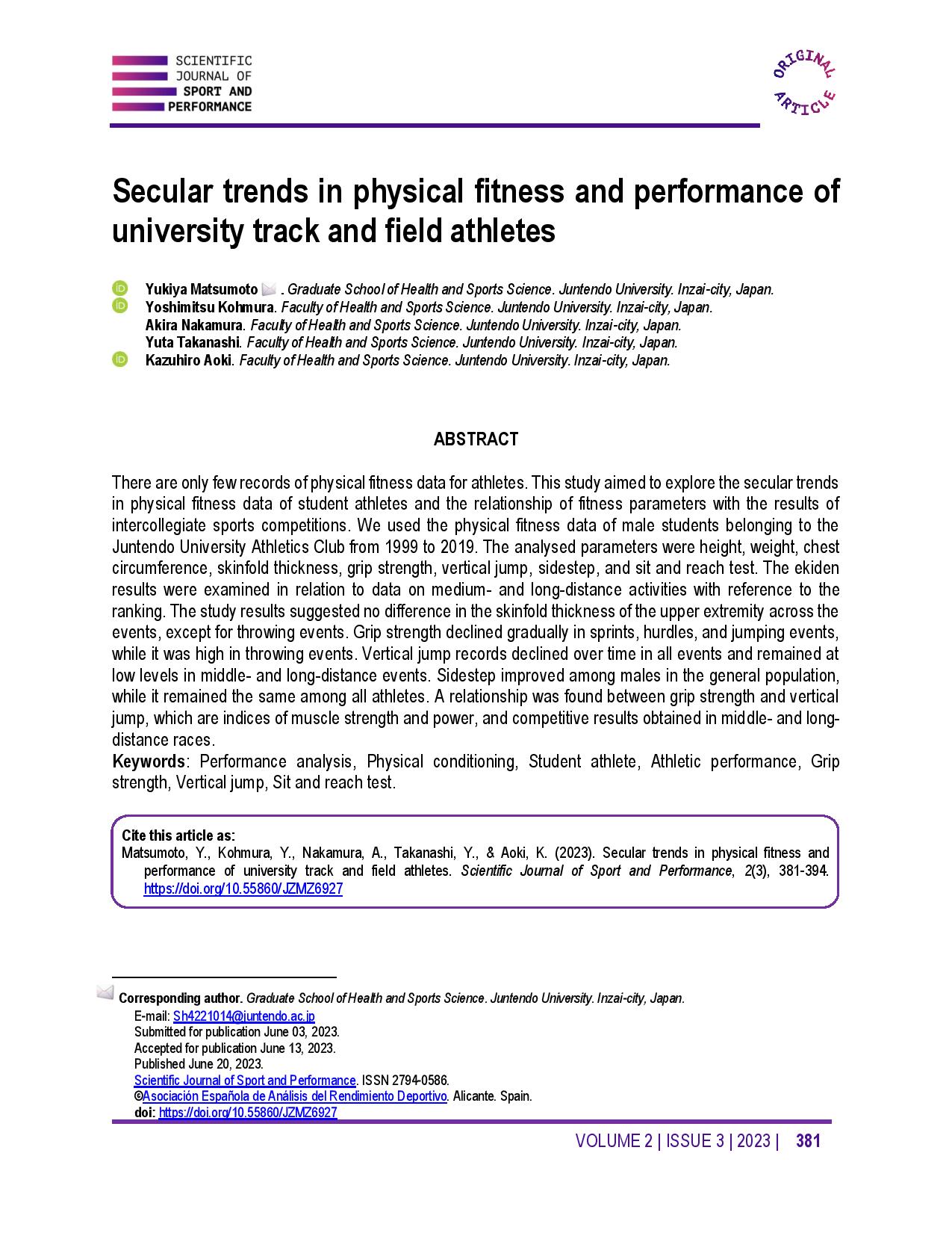 Secular trends in physical fitness and performance of university track and field athletes
