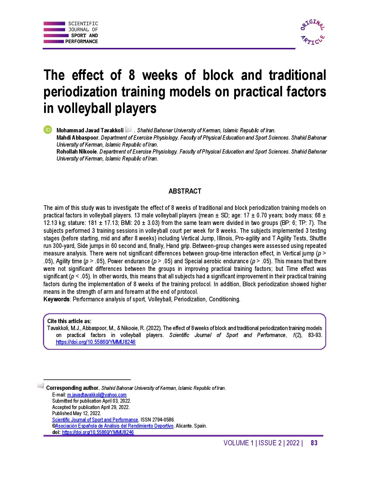 The effect of 8 weeks of block and traditional periodization training models on practical factors in volleyball players